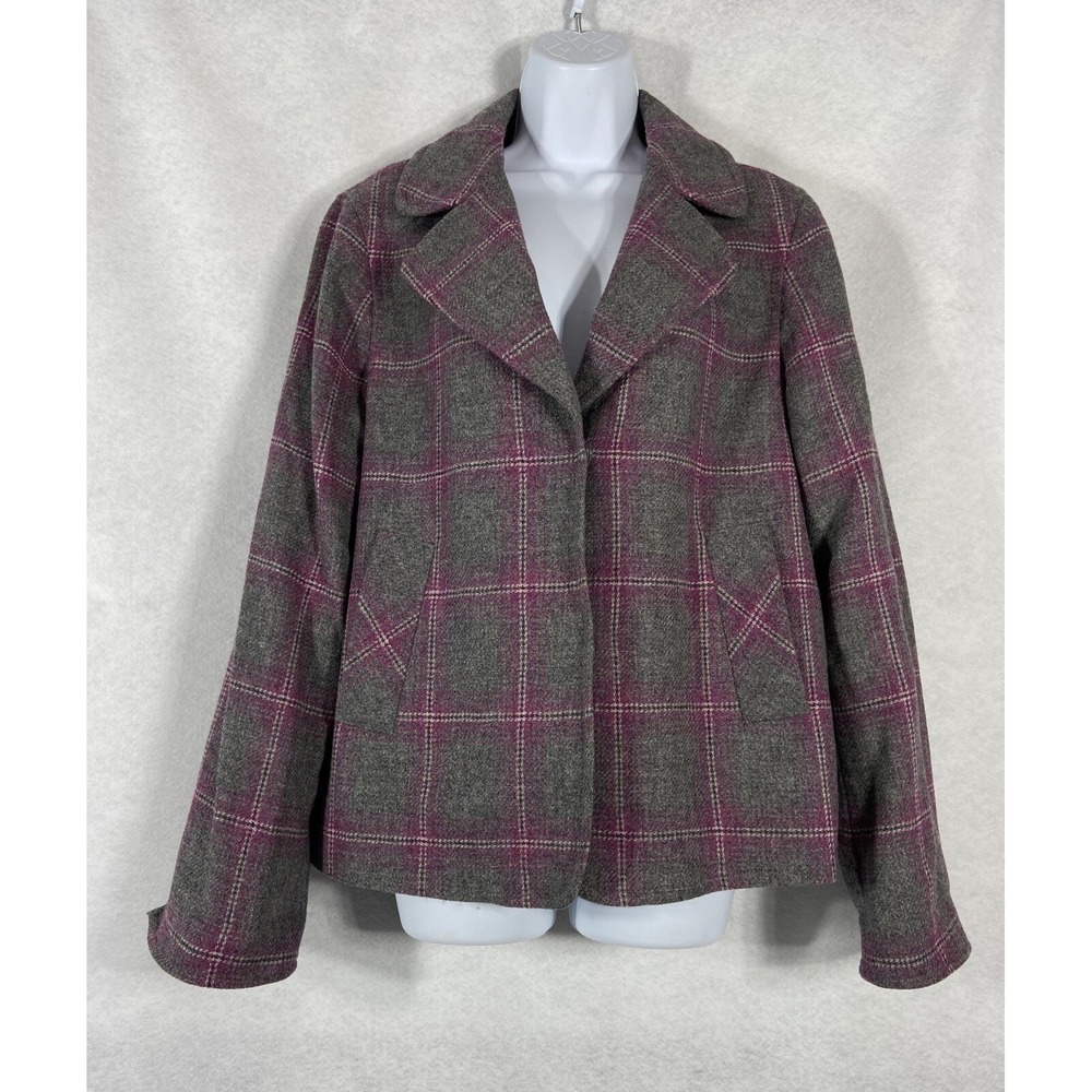 Talbots Jacket Women's 14 Gray Pink Blazer Wool Blend Twill Long Sleeves Plaid